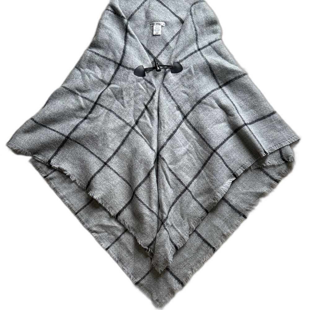 Max Studio Womens OS Charcoal Gray Checkered Cape Knit Poncho Dark Academia